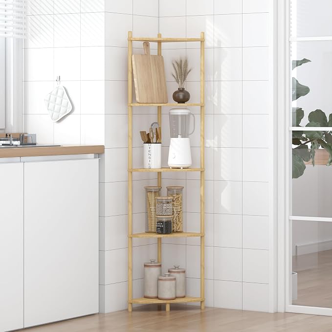 Wisuce Natural Tall Corner Shelf Stand, 5-Tier Bamboo Corner Bookshelf | Space-Saving Narrow Corner Shelf | Bathroom Corner Shelf | Shelves for Bedroom, Living Room, Kitchen & Plant Display