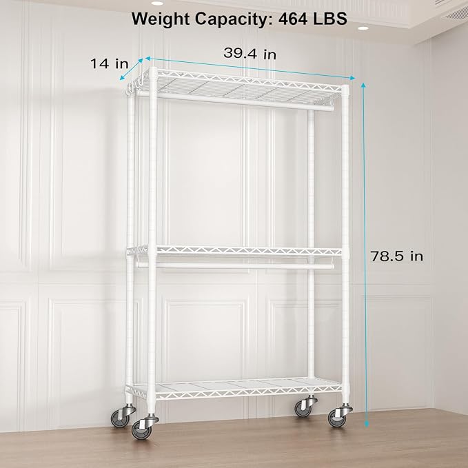 FUTASSI P3 Rolling Clothes Rack, Clothing Racks for Hanging Clothes, Heavy Duty Garment Rack with Wheels, Freestanding Portable Closet Racks 39.4'' W x 14'' D x 78.5'' H, Max Load 470 LBS, White