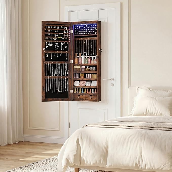 DUMOS Jewelry Armoire Cabinet with Full Length Mirror, 47.2" Wall Mounted or Over the Door Jewelry Organizer with 33 Necklace Hooks, Lockable Large Capacity with Drawers, Rustic Brown