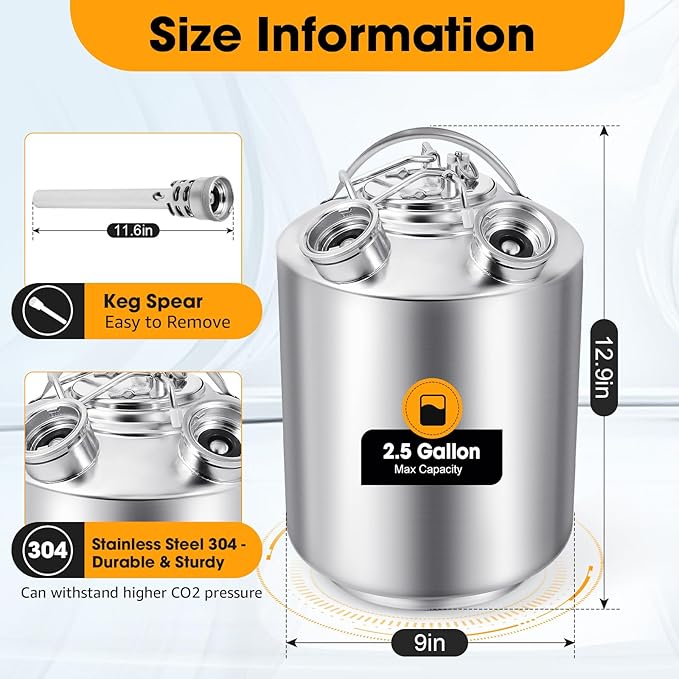 2.5 Gallon Beer Line Cleaner Keg, Keg Cleaning Kit with 2 D Spears for D Coupler, 304 Stainless Steel Kegerator Line Cleaning Kit, Keg Line Cleaning Kit with Handle Used for Beer Line Cleaning
