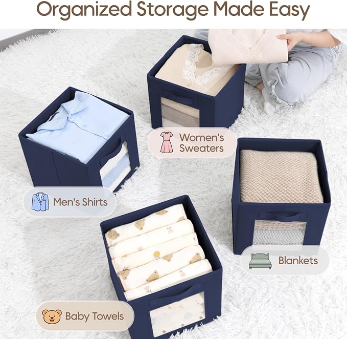 Homsorout Storage Cube 11 Inch - Cube Storage Bins with Window, Closet Storage Baskets with Handle, Fabric Bins for Closet, Shelves, Toys, Clothes, Set of 8, Navy Blue
