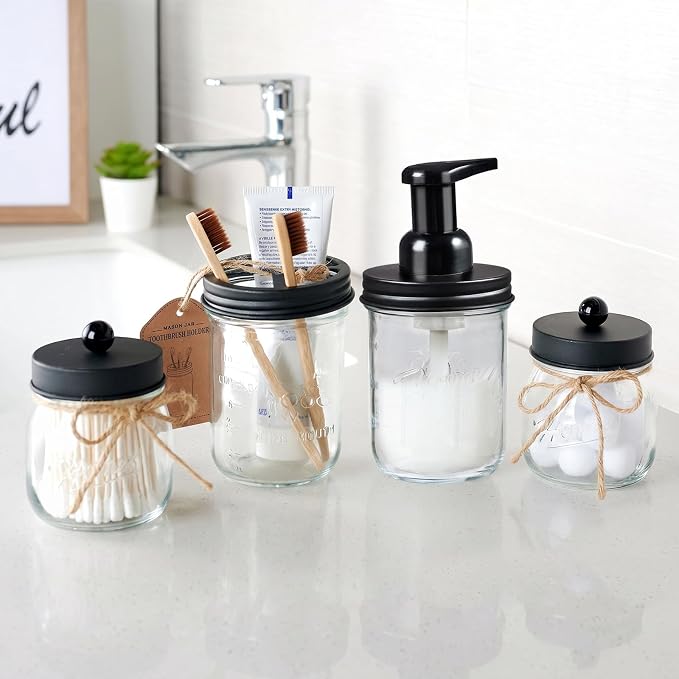 SheeChung Mason Jar Foaming Soap Dispenser, Glass Foaming Hand Soap Dispensers, Stainless Steel Lid, Refillable Foam Soap Dispenser for Bathroom Kitchen, Farmhouse Bathroom Decor (1 Pack, Black)