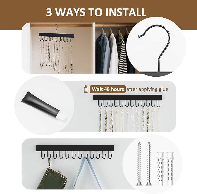 ZEDODIER Necklace Organizer Wall Mount, Wooden Self-Adhesive Jewelry Hanger with 12 Adjustable Hooks, Hanging Holder for Necklace, Belts, Tank Tops, Bras, Black