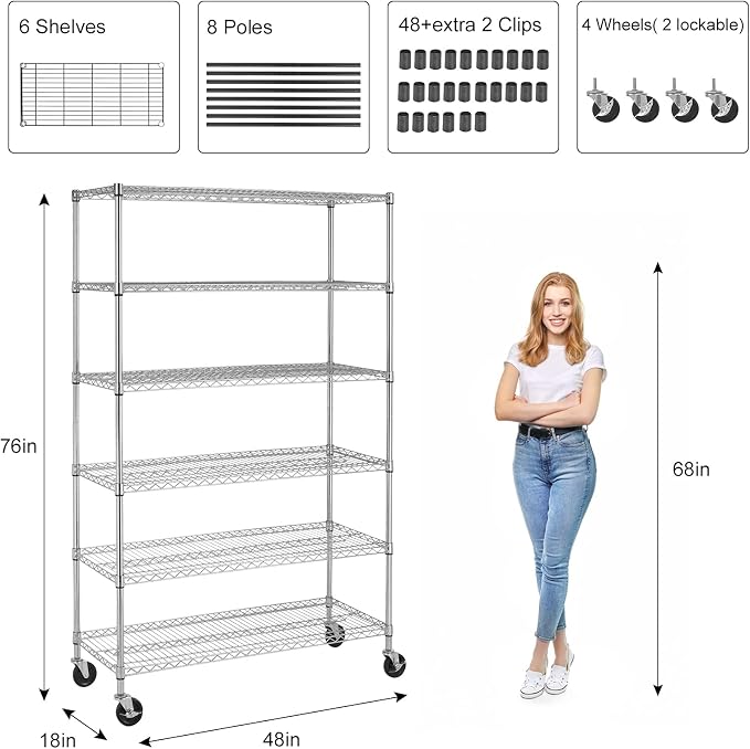 Meet perfect 6-Tier Wire Shelving Unit with Wheels, 72" H x 48" W x 18" D Heavy Duty Metal Shelf, 6000LBS Capacity Adjustable Utility Storage Rack for Garage Pantry Kitchen Warehouse