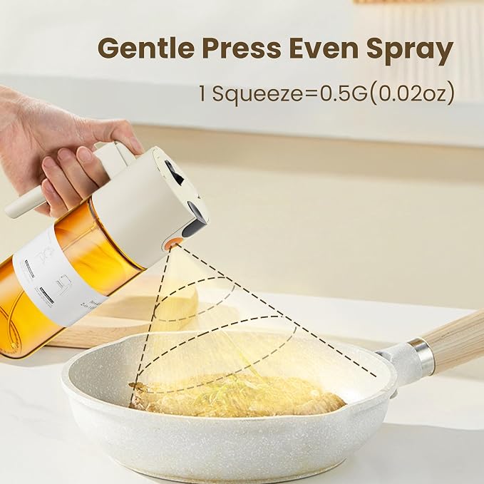 LAKUMIQI 2 in 1 Oil Sprayer & Dispenser, 17 oz Light-Blocking Glass Bottle | Large Capacity, Wide-Mouth for Easy Pouring and Cleaning, Leak-Proof Oil Bottle with Stickers for Salads, Air Fryers, BBQ