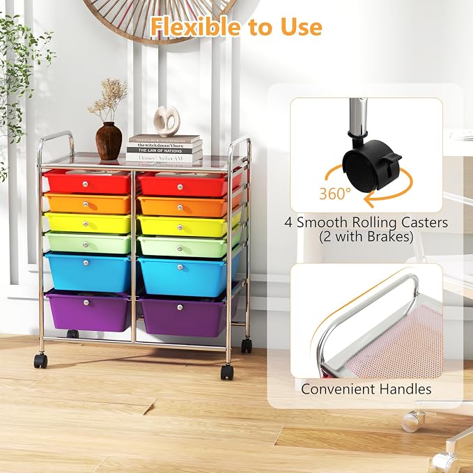 DREAMADE Rolling Cart with Storage Drawers, Utility Cart with Removable Plastic Drawers, Lockable Wheels, Art Cart for Classroom Organization Art Supplies Office Scrapbook (‎12 Drawers, Multi-color)