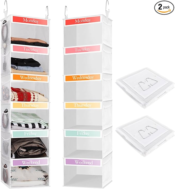 Amylove 2 Pack 6 Shelf Weekly Clothes Organizer for Kids with Side Pocket, 47 Inch Days of the Week Clothes Organizer, Monday to Friday Daily School Outfits Clothing Divider for Kids(White)