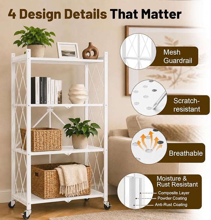 4 Tier Foldable Storage Shelves on Wheels, Heavy Duty Metal Shelving Unit, No Assembly Required for Kitchen, Garage, Pantry, Basement, Bookshelf, White