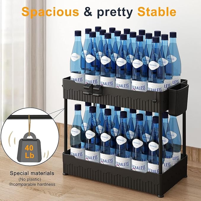 Sevenblue 4 Pack Under Sink Organizer, Under Bathroom Cabinet Organizer with Hooks Hanging Cup, Multi-Purpose Storage Shelf for Kitchen Bathroom, Black