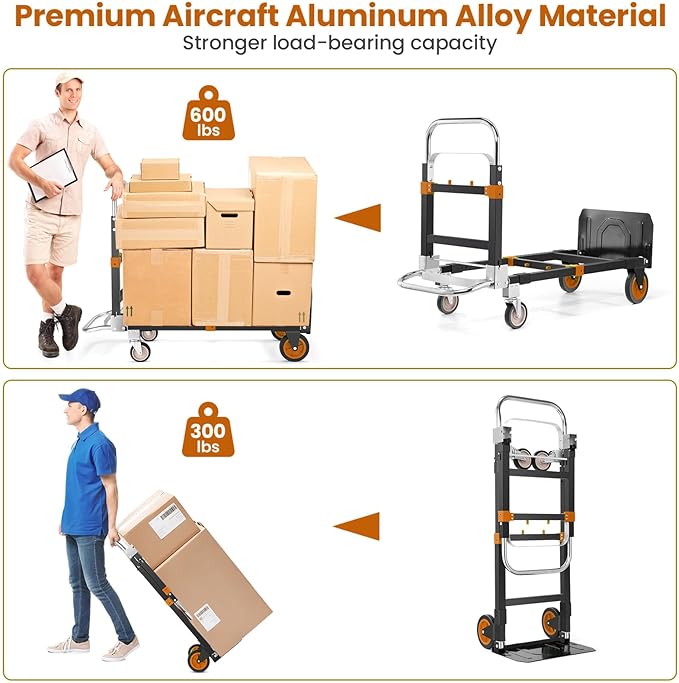 3-in-1 Folding Hand Trucks, 600Lbs Convertible Hand Truck Dolly, Heavy Duty Convertible Dolly with Retractable Handle and 4 Rubber Wheels, Collapsible Cart for Moving Office/Home/Warehouse(Orange)