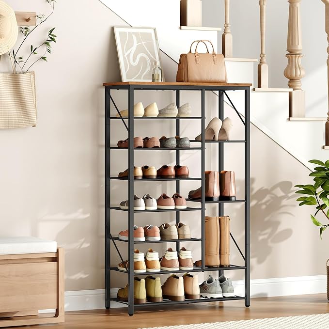 HOOBRO 8 Tier Shoe Rack for Entryway, Large Capacity Tall Shoe Storage | 27.6" L Shoe Shelf, Storage Organizer with Metal Plates, Sturdy and Stable, for Bedroom, Hallway, Closet Rustic Brown