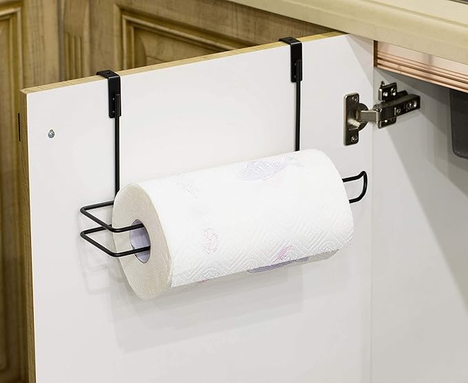 Basicwise Hanging Paper Towel Holder Over-The-Cabinet Door Organizer Rack Space-Saving Kitchen and Under-Sink Storage Solution for Standard Rolls with Easy Access for Home Office and Everyday Use