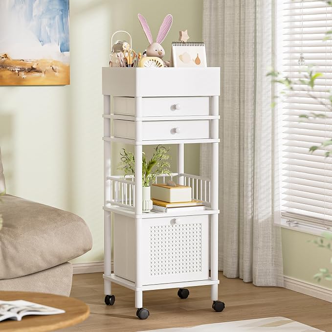 Amazer Bamboo Makeup Organizer Cart with 3 Drawers, Floor Skin Care Storage for Bathroom Bedroom, Rolling Vanity Organizer Cart for Cosmetic, Nail Polish, Perfume and Hair Tools, White