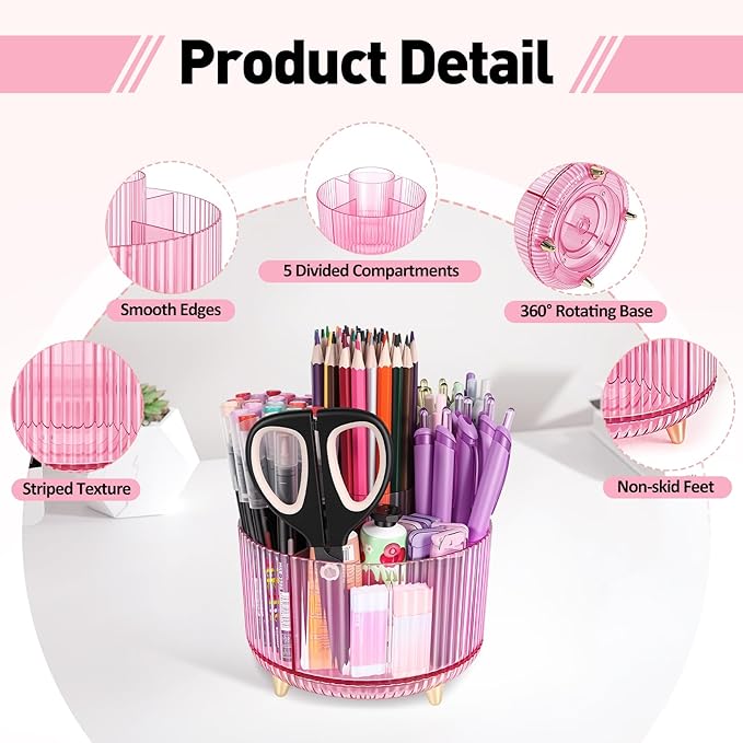 360 Rotating Pen Pencil Holder for Desk, Pen Organizer with 5 Slots, Makeup Brush Holder, Desk Organizer and Accessories, Cute Pencil Cup Caddy for Office School Home Decor Art Supply (Pink)