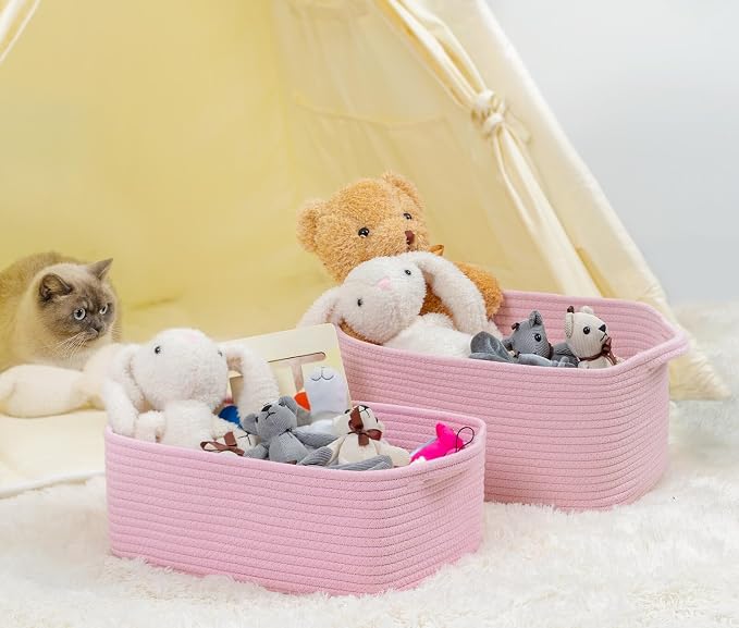 CubesLand Cute and Durable Small Cotton Rope Basket for Organizing | Woven Closet Storage Bin,Shelves Closet Storage Basket, Bathroom Storage Organizer Bin, Nursery Toy Basket Bin, Pink Basket