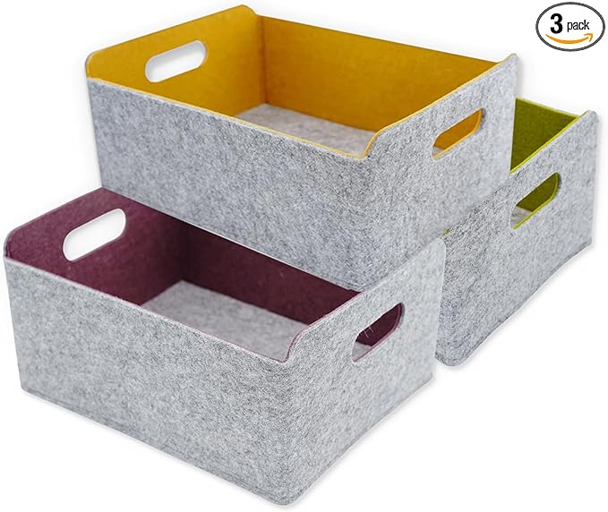 Welaxy Collapsible Felt Storage Baskets, Foldable Shelf Bins for Toys, Clothes, Books & Closet Organization (Curry +Moss green + Wild berry)