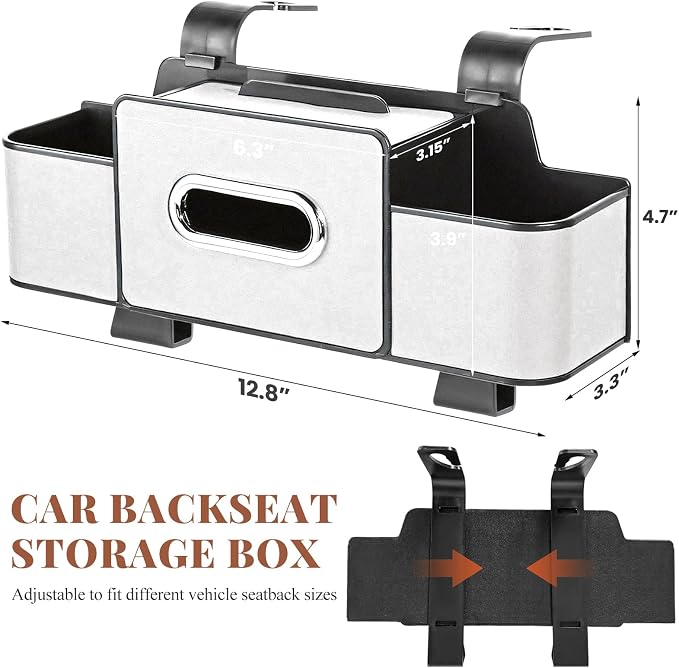 Car Back Seat Organizer, 3-in-1 Auto Seat Back Organizer with Tissue Box, Cup Holders & Hooks, Multifunctional Vehicle Backseat Hanging Organizers for Phones Drinks Handbags (Beige)