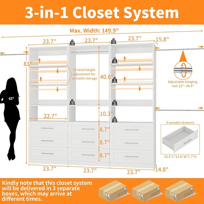 Closet System with 3 Sets, 6–15 FT Closet Organizer System with 9 Drawers, 9 Shelves & 4 Rods, Walk-In Modular Closet System, Custom Built-In Closet Kit, White