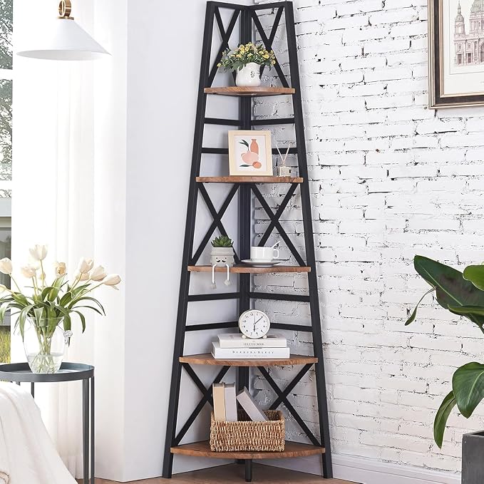 HOMBAZAAR 72 Inch Tall Corner Shelf, 5 Tier Corner Ladder Bookshelf, Tall Corner Bookcase with Metal Frame, Rustic Shelf Stand for Living Room, Bedroom, Office, Rustic Brown