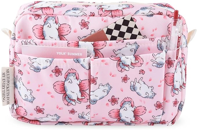 Portfolio Organizer with Multiple Pockets, Waterproof Travel Zippered Cosmetic Bag, Portable Storage Bag for Notebooks, Stationeries, Make-up, Journal Office Art Supplies.Petal Cat