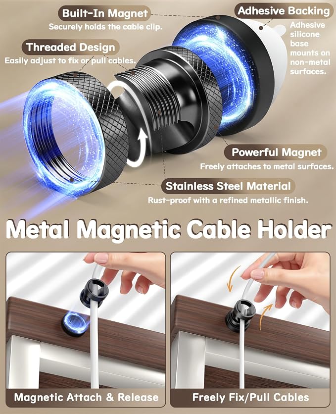 Maveek Magnetic Cable Holder 6 Pack, Stainless Steel Cord Clips Wire Organizer Office Desk Accessories USB Charging Cords Management Nightstand (Metallic Black)
