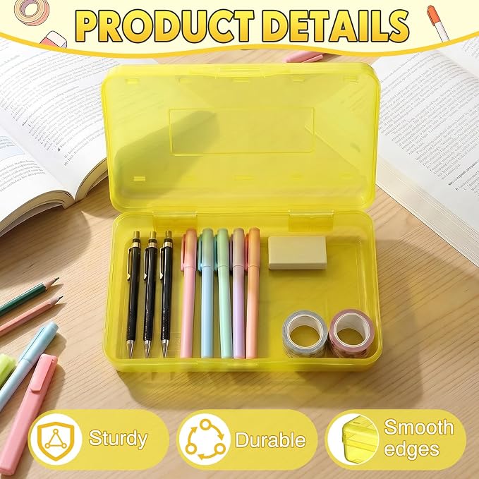 Blulu 6 Pack Large Plastic Pencil Case Box Clear Pencil Boxes Bulk Hard Crayon Box Storage with Snap Lids 8.1 x 4.7 x 2.2 Inch Painting Organizer Classroom Stationery School Supplies (Yellow)