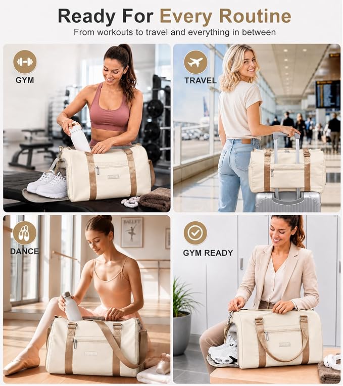 FIORETTO Womens Gym Tote Duffle Bag with Wet Pocket & Shoe Compartment, Sports Duffel Overnight Weekender Hospital Workout Carry on Bag for Girls, Ideal for Travel, Swimming, Dance, Ballet Beige