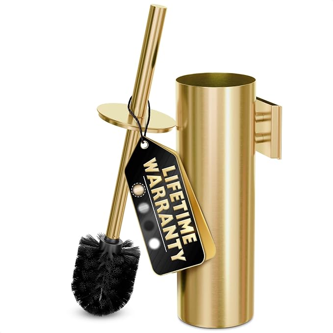 Wall Mounted Toilet Brush and Holder Set, Stainless Steel (Gold) | Wall Mount Toilet Brush Cleaner and Holder Set, Rust & Corrosion Resistant, Splash Guard, Dense Bristles, for Bathroom Decor