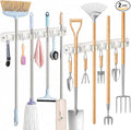 Broom Holder Wall Mounted, 2 Pack White 4 Holders and 4 Hooks Mop Holder, Wooden Mop and Broom Holder with Anti slip rubber, Natural pine wood Brush Holder, Mop Wall Holder with Nail installation | Mop Holder Wall Mount and Broom Hanger for Garage, Lau...