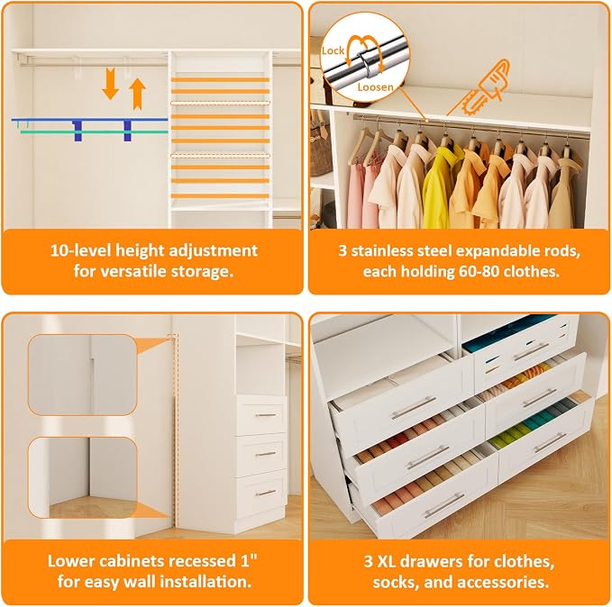 Closet System with 6 Wood Drawers, 5.3FT-8FT-12.3FT Closet Organizer System Storage Storage Adjustable with 6 Cuttable Shelves & 6 Expandable Hanging Rods, Walk in Closet, 2 Sets , White
