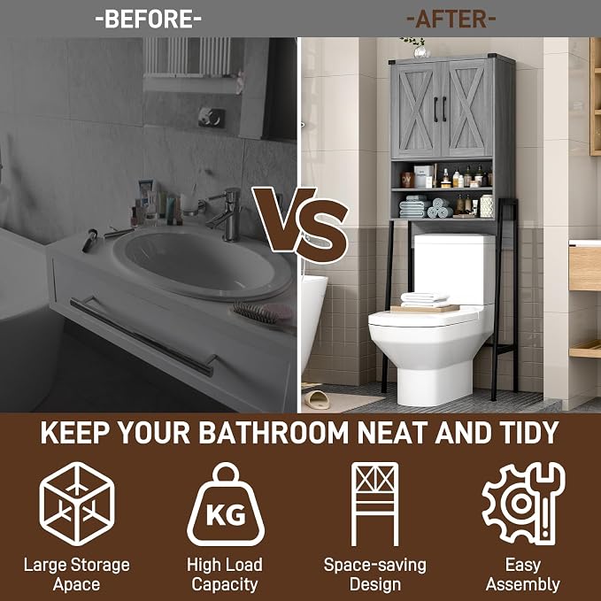 Vabches Over The Toilet Storage Cabinet, Farmhouse Over Toilet Storage Cabinet, Metal Frame with 2 Barn Doors, Home Space-Saving Toilet Rack for Bathroom, Toilet, Laundry Room.