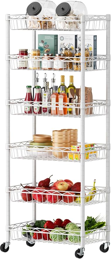 SINGAYE 6 Tier Shelf Wire Shelving Adjustable Storage Shelves Basket Rack | Adjustable Shelves with Wheels Metal Storage Unit Closet Bathroom Organizers Pantry Kitchen Garage Laundry Room White