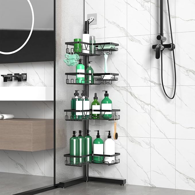 DAOYA Standing Shower Caddy Corner - 4-Tier Floor Shower Caddy Corner Adjustable Bathroom Organizers and Storage with Soap Holder & Razor, Bathroom Free-Standing Organizer for Large Bottles