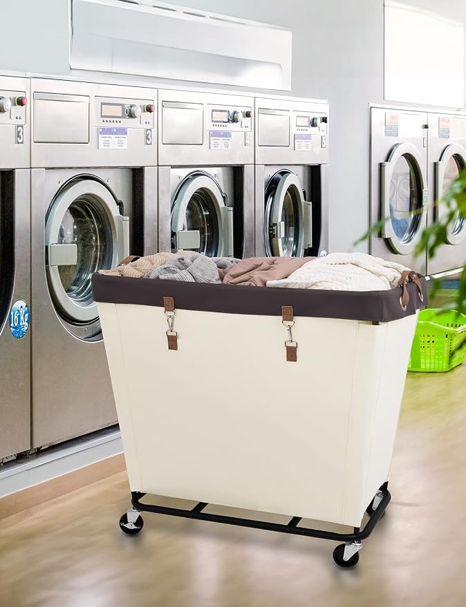 StorageWorks Laundry Basket with Wheels for Clothes, 320L Beige Hamper Cart
