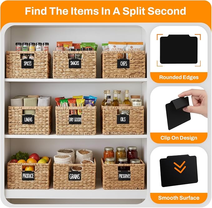 12 Pcs Basket Labels Clip on for Pantry Organization and Storage bin Labels with 2 Markers and 2 Wipe Cloths Reusable Chalk Basket Labels - Black Bin Labels Clip on Chalkboard Basket Tags