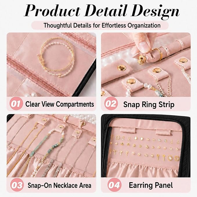 Double Sided Hanging Jewelry Organizer for Closet Door, Black,Travel Closet | hanging jewelry organizer keeps earrings, rings, necklaces, and bracelets visible in a closet or travel bag.