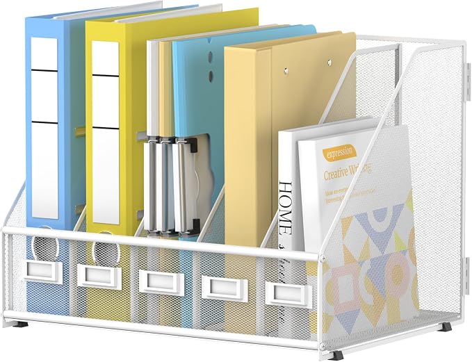 5 Vertical Compartments Magazine File Holder, Metal Binder Organizer, White | Space-Saving Desktop Storage, Built-In Label Holders, Anti-Slip Feet, Sized for Binders, Folders, Magazines and Files