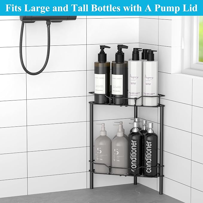 HuggieGems 2 Tier Floor Standing Corner Shower Caddy Organizer Shelf with Hooks, Bathroom Shelves Stand Rack, Matt Black
