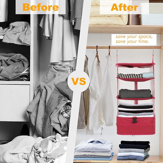 Surblue Hanging Closet Storage Bag Collapsible 3-Shelf Washable Oxford Fabric with 2 Hooks (XL 17.71*11.81*20in, Pink)