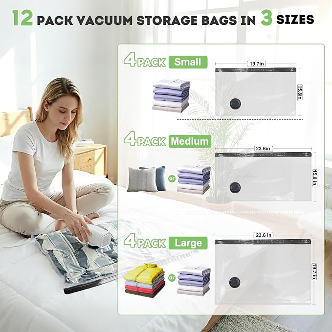 12 Pack Vacuum Seal Bags for Clothing Travel with -60000Pa USB Pump, Save 80% of Space for Clothes (12 Combo Size)