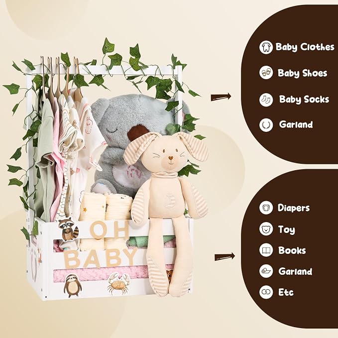 Baby Shower Gifts Basket Wooden Crate, Personalized Wooden Letters and Clothes Hangers New Born Baby Girl Boy Gifts Vine Decorations Cute Closet with Handle Pregnancy Gifts for New Mom Parents White
