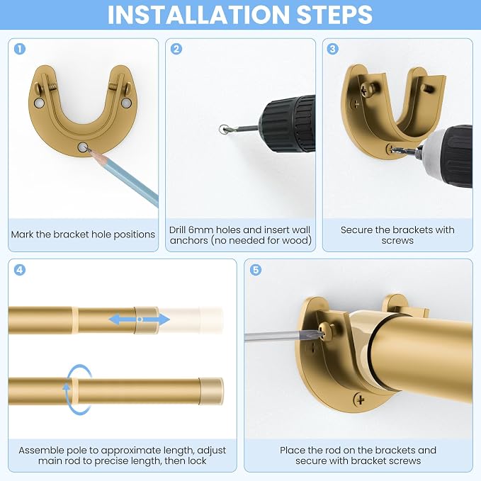 4 Pack Closet Rods for Hanging Clothes, 17 to 39 Inch Heavy Duty Stepless Adjustable Closet Hanging Rod, 1.3 Inch Diameter Metal Closet Rod for Wardrobes Laundry Bedroom RV, Gold