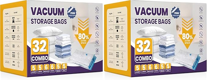 Vacuum Compression Zipper Storage Bags with Hand Pump, Multiple Pack of 64 (5 Jumbo, 5 Large, 6 Medium, 6 Small, 5 Roll M, 5 Roll S), Clear