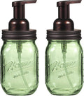 Amolliar Mason Jar Foaming Soap Dispenser, 16OZ Green Glass Hand Soap Dispenser, Plastic Pump & Stainless Steel Lid, Kitchen Dish Soap Bathroom Accessories, Farmhouse Soap Pump Bottle, Bronze 2 Pack
