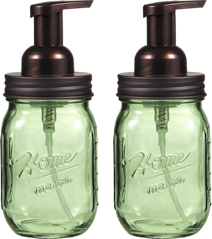 Amolliar Mason Jar Foaming Soap Dispenser, 16OZ Green Glass Hand Soap Dispenser, Plastic Pump & Stainless Steel Lid, Kitchen Dish Soap Bathroom Accessories, Farmhouse Soap Pump Bottle, Bronze 2 Pack