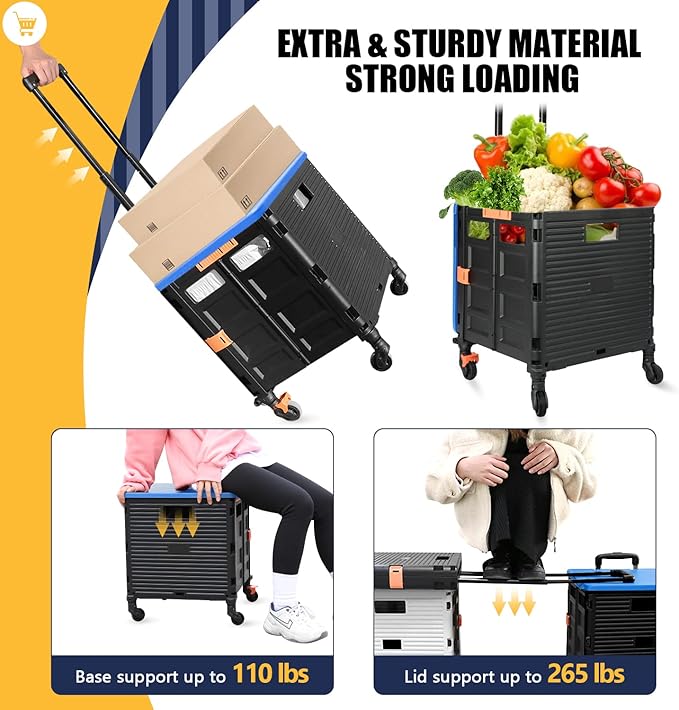 SELORSS Foldable Utility Cart Collapsible Crate Rolling Carts Handcart Trolley Tool Box Basket 4 360°Noiseless Wheels Lid Telescoping Handle for Shop Grocery Luggage Move Office School Teacher (Blue)