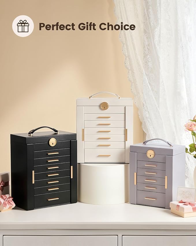 Lolalet Large Jewelry Box Organizer for Women, 8-Layer Jewelry Organizers and Storage Case with Mirror & 7 Drawers, Lockable Watch Ring Earring Bracelet Necklace Holder Girls Gift -8Layer, Black
