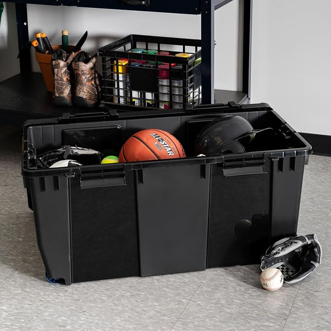 IRIS USA 32 Gallon Rolling Storage Bin with Lid, Heavy Duty, 2 Pack | Built-in wheels and lockable latches make transporting tools, camping gear, truck equipment, and garage storage effortless.