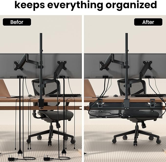 PUTORSEN Cable Management Net, 36 Inch Clamp-on Cable Net Under Desk, No Drill Cable Management for Wire, Mesh Cable Organizer for Home and Office, Black