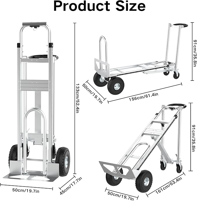 3in1 Convertible Hand Truck Dolly Cart, 880 lb Aluminum Hand Trucks Heavy Duty Furniture Appliance Dolly W/10 Wheels,Utility Shopping Cart for Transport & Moving Office, Home & Warehouse Use (Silver)